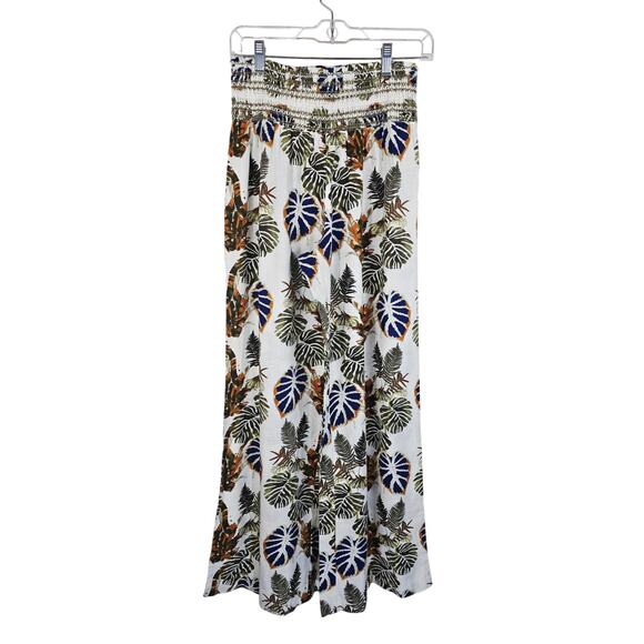 DAHUI Hawaii Smocked Waist Wide Leg Linen Hawaiian Leaf Print Pants L NWT - Picture 1 of 6